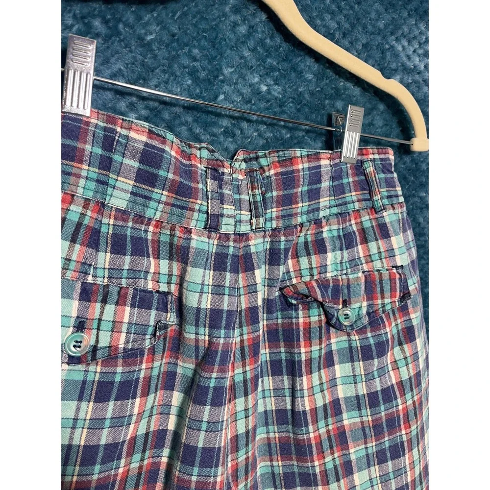 Vintage High Waisted Plaid Pleated Shorts Teal Navy Red Multi Color Check